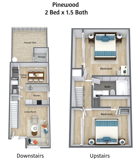 A diagram shows the layout of a two bedroom, one bathroom apartment with downstairs and upstairs bedrooms.